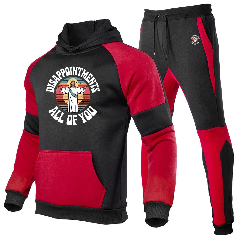 2025  Spring Autumn Disappointments All of You Funny Jesus Christian Faith Men Patchwork Hoodies Pullover+Casual Sweatpants Suit