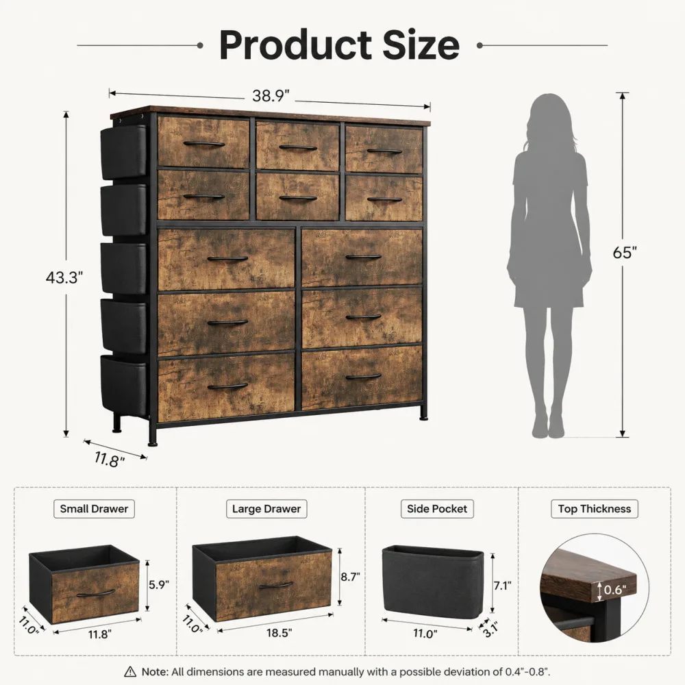 12 Drawer Fabric Dresser with Wood Top, Storage Chest Cabinet with Steel Frame and Side Pockets for Bedroom Home Organization image 5