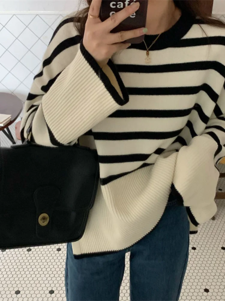 New Autumn Winter Women Sweater Striped Pullover Jumper Traf Sweater Y2K Clothes Pull jumpers Korean Tops Turtleneck jersey