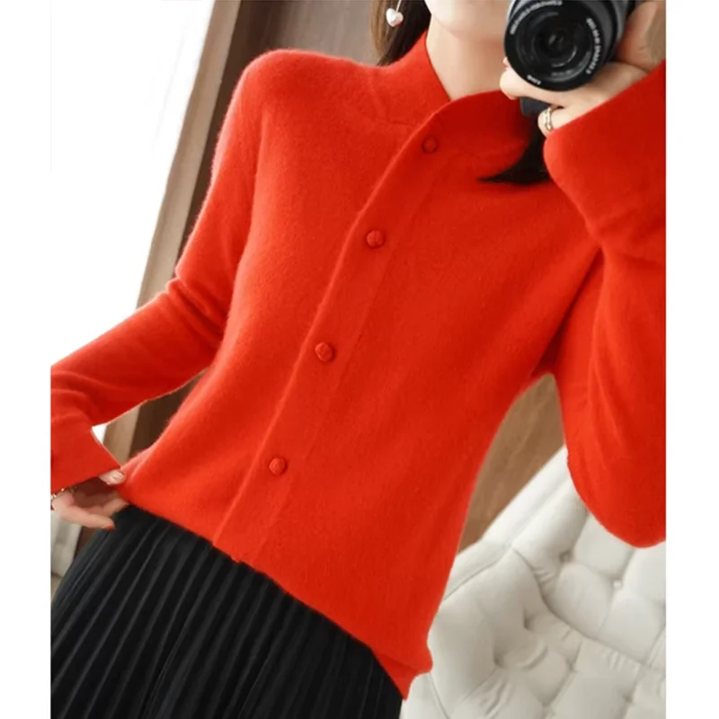 New Knitted Cashmere Sweater Women 2024 Spring Autumn Stand Collar Cardigan Women Long Sleeve Premium Wool Sweater Coat Top 2625