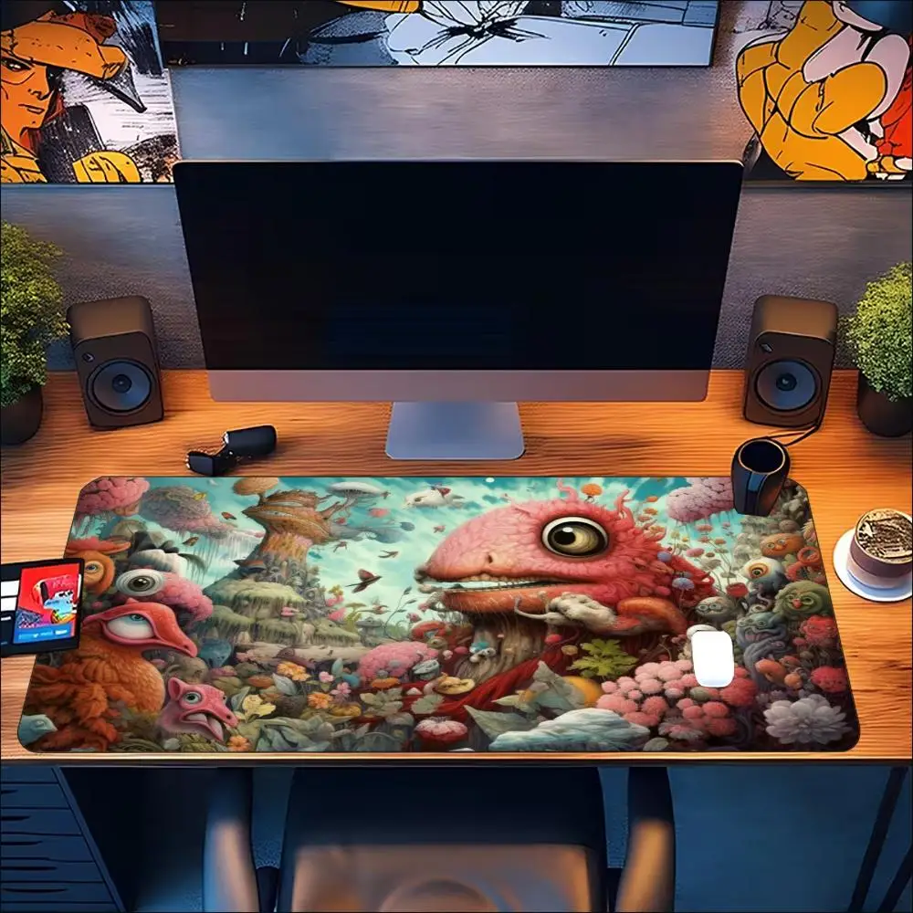 Surreal Monster Gaming Mousepad Trippy Psychedelic Fantasy Desk Mat Non‑Slip Rubber Stitched Edge Pad For PC Gaming Fans