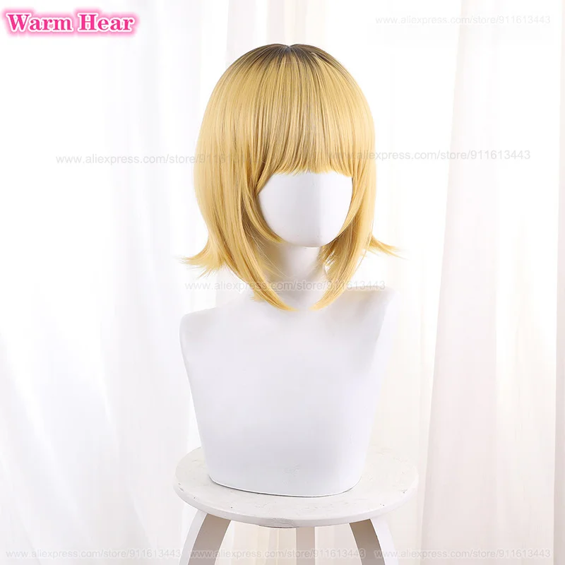 Memu Cho Synthetic Wig Anime MEM Short 35cm Brown Gradient Yellow Cosplay Anime Wigs And Horns Heat Resistant Hair Wigs +Wig Cap