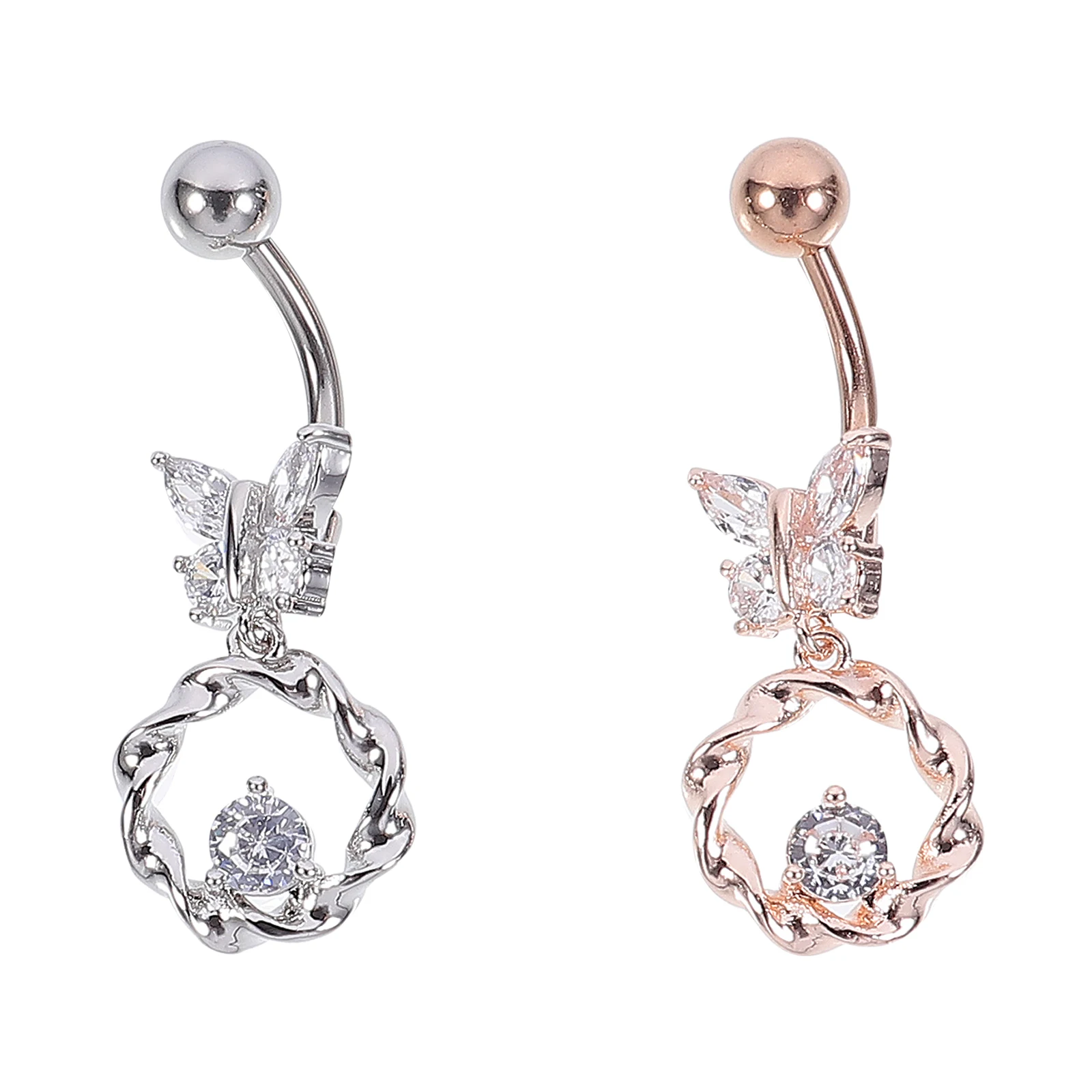 

2Pcs Butterfly Shaped Zircon Navel Rings Durable Stainless Steel Belly Button Jewelry Unique Piercing Accessories