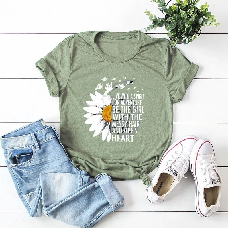 JFUNCY 2024 Summer Women T-shirts Chrysanthemum Inspirational Letter Print Female Short Sleeve Cotton T Shirt Woman Tee Tops