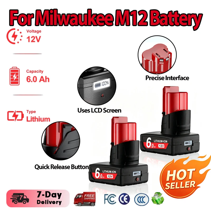 12V 6000mAH Für Milwaukee M12 Wiederaufladbare Batterie 48-11-2402 48-11-2411 48-11-2401 Mit LCD-Bildschirm Kabelloser Akkuschrauber