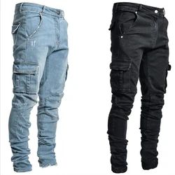 Pantalon cargo en denim pour hommes, salopette déchirée multi-poches, jean bleu et noir, vêtements Hip Hop pour garçons, pantalon crayon pour hommes, streetwear de printemps