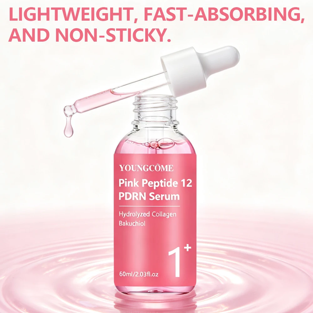 Serum YOUNGCOME Pink Peptide 12PDRN Serum with Hydrolyzed Collagen & Bakuchiol, Lightweight Daily Facial Care for All Skin Types
