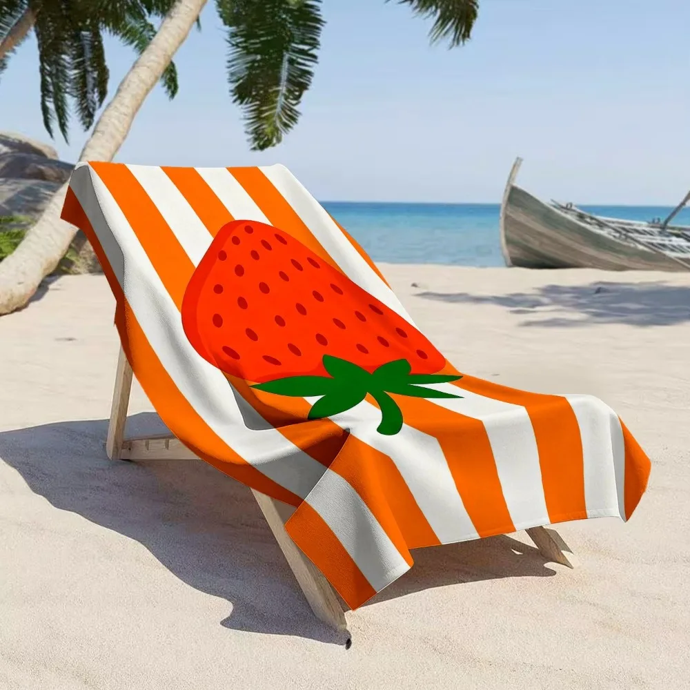 Vibrant Strawberry Stripe Beach Towel, Red Strawberry on Orange White Stripe Print Bath Towel, Fun Summer Beach Blanket 1pcs