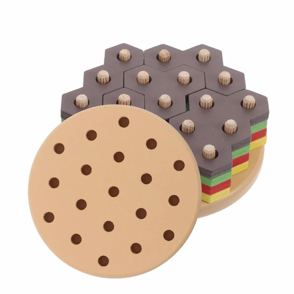 

Creative 3D Burger Puzzle Wood Blocks Color Cognition Montessori Stacking Toys Geometric Shape Hexagonal Sleeve Column