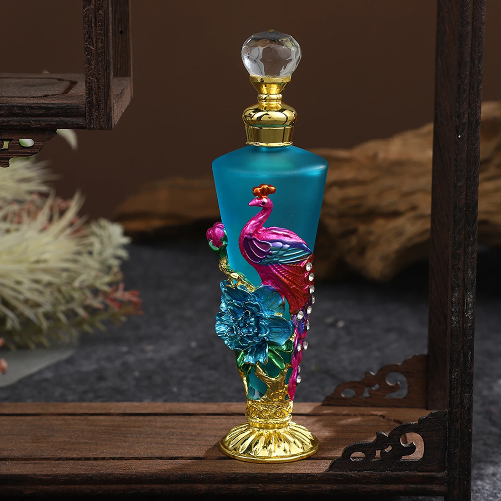 1pc 30ml Perfume Bottle Creative Enamel Peacock Flower Blue Conical Glass Jar Diamond Shape Lid 140mm/5.5