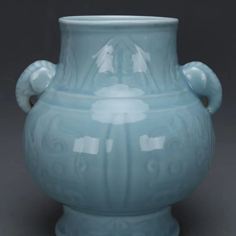 تشينغ تشيان لونغ منحوتة الفيل مقابض زهرية الصينية اليشم زهرية العتيقة أحادية اللون الخزف العتيقة الآسيوية ديكور غرفة المعيشة