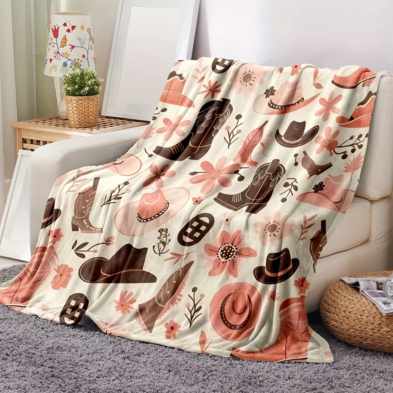 Western Cowboy Boot & Hat Design Flannel Throw Blanket - Soft, Warm, and Lightweight Pink Fleece for Couch, Bed, Travel, Office