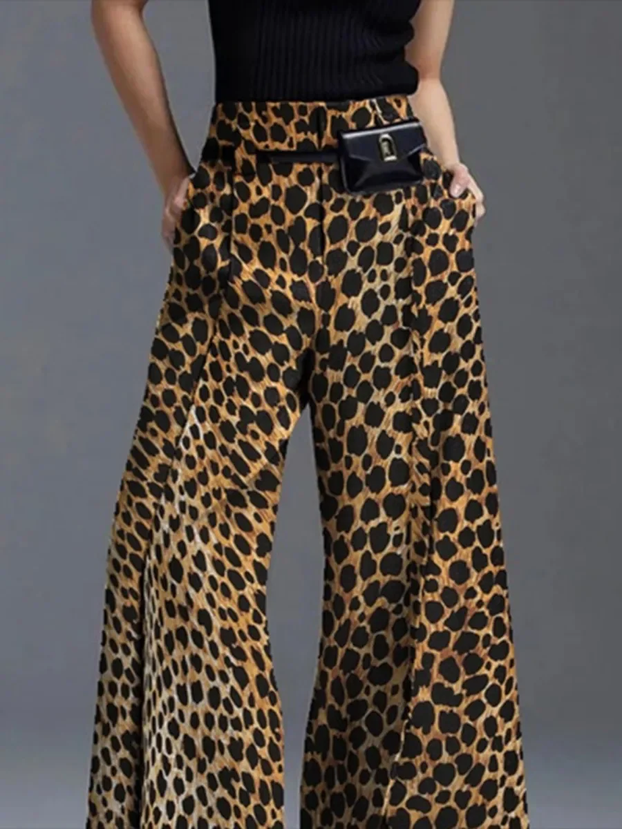 2026 Women Vintage Leopard Print Wide Leg Pants Women's Pants And Trousers Women's Pants Split Front Pocket Casual Bottoms