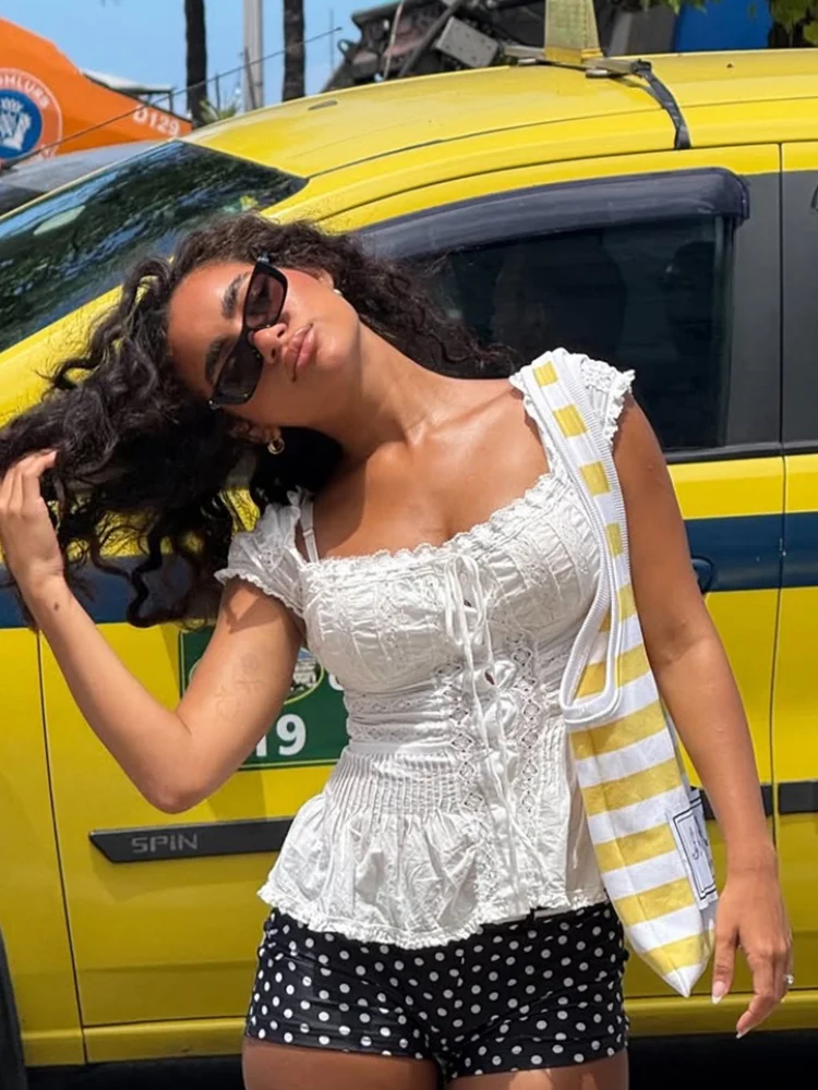 

Cotton Lace White Summer Spring Blouse Shirt for Women Square Collar Slim Fit Casual Tops Female Vintage Tops