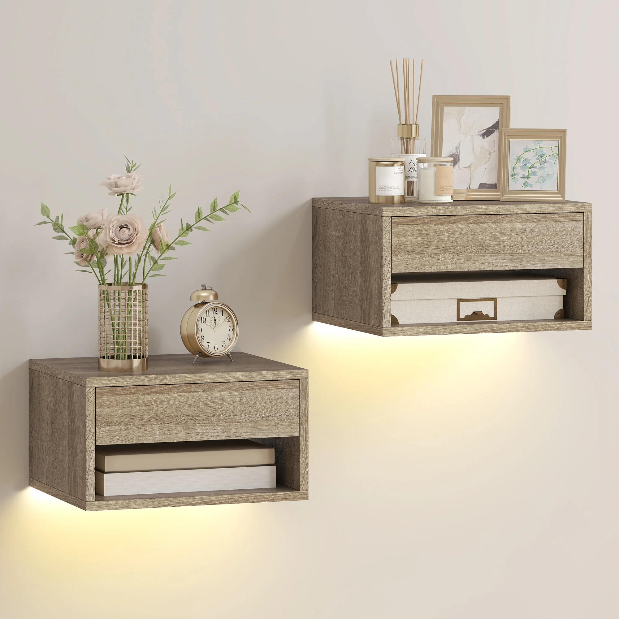 Homcom set van 2 zwevende nachtkastjes met RGB led-verlichting app-bediening, slaapkamernachtkastjes met lade, open plank, voor woonkamer, 37X32X21 cm