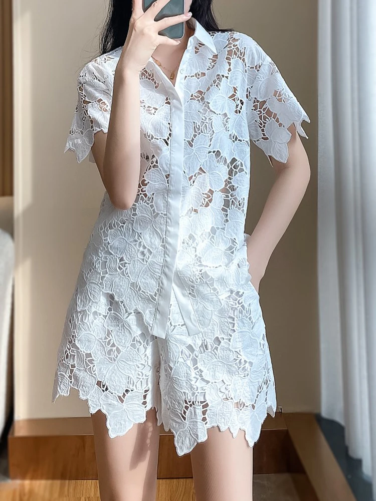 TWOTWINSTYLE Patchwork Embroidery Two Piece Sets For Women Lapel Short Sleeve Shirt High Waist Loose Shorts Casual Set Female