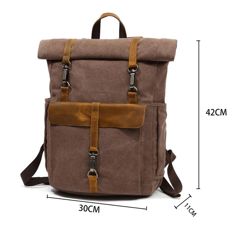 Spacious Multi-Pocket Flap Rucksack Vintage Green Waxed Canvas Backpack with Genuine Crazy Horse Leather Trim
