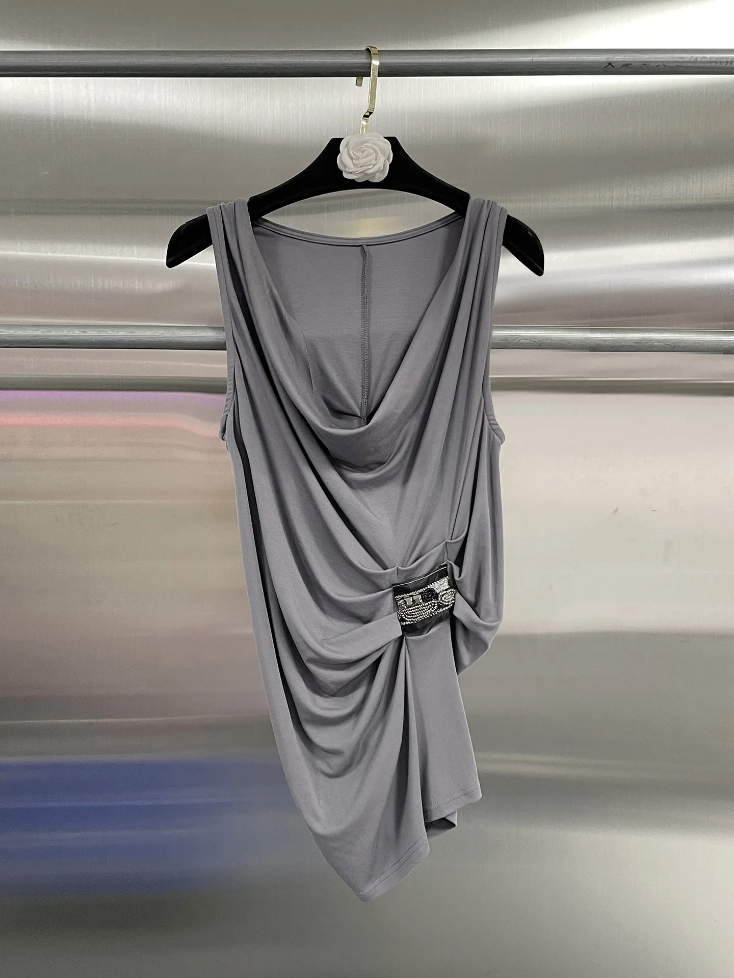 High Street Tanks Tops Women's Sexy Sleeveless Low Neck Nail Bead Vest Top Gray Pullover Sleevless Streetwear Tank Camis