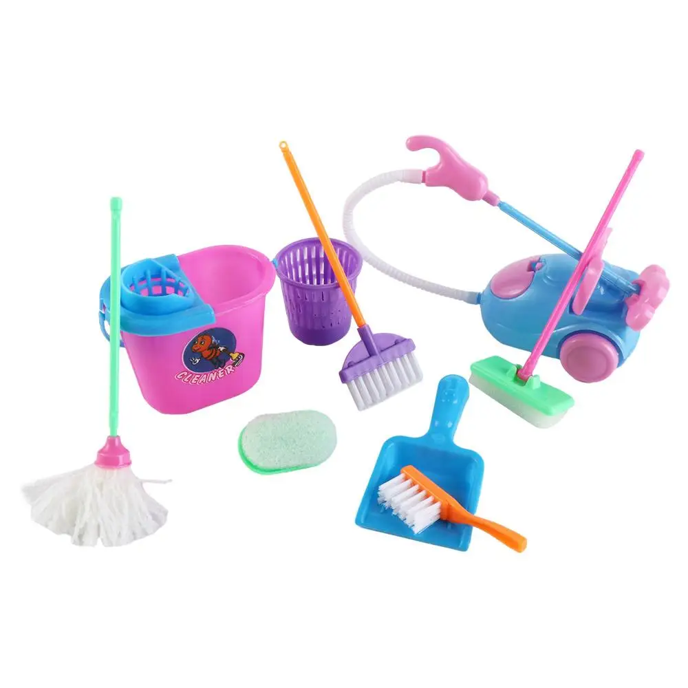 9 unids/set juego de simulación 1:6/1:12 muebles para casa de muñecas fregona de barrido casa de muñecas herramientas de limpieza del hogar cepillo educativo