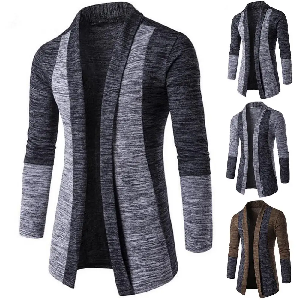 Sweater Men Coat Patchwork Knitted Cardigan Long Sleeve Slim Fit Retro Outwear