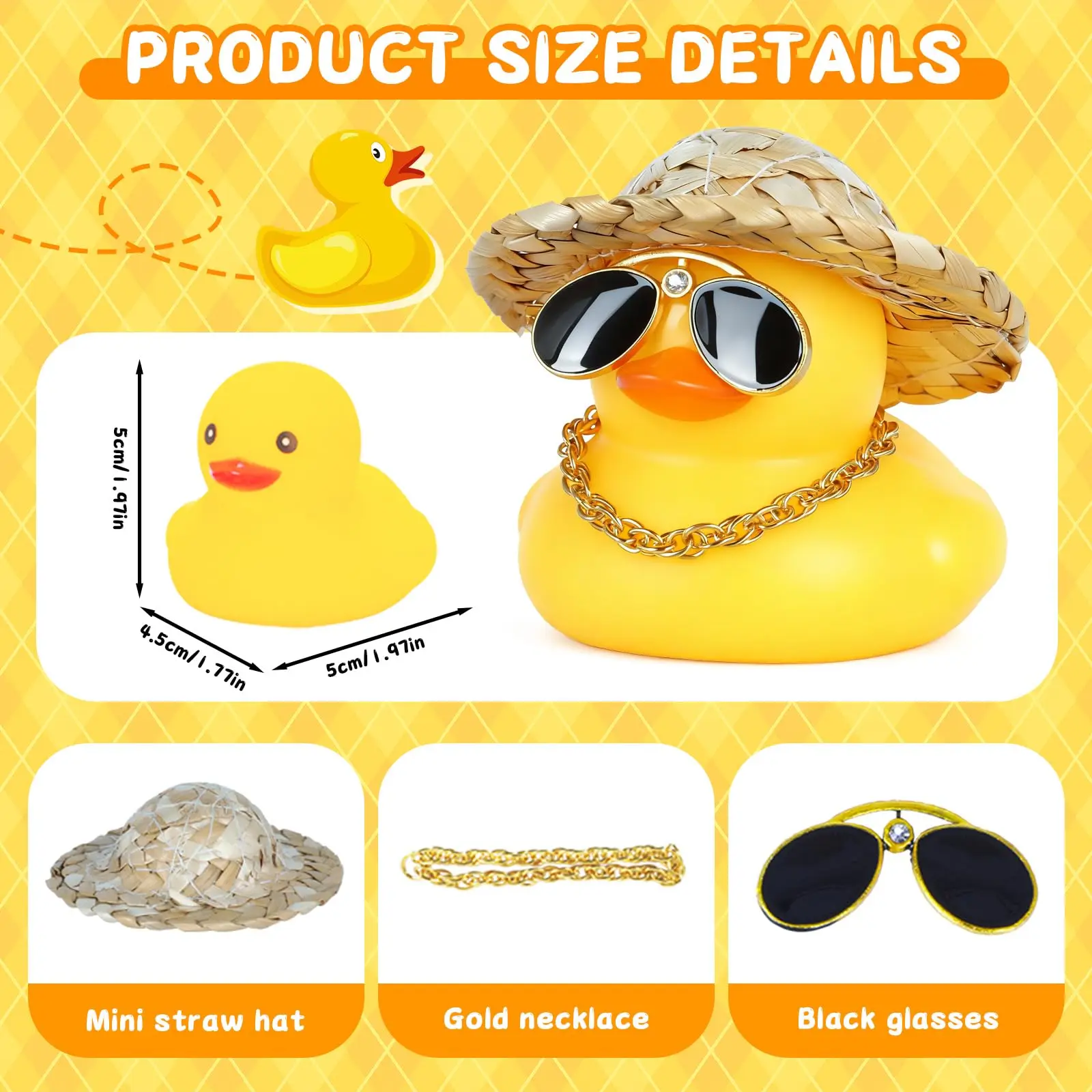 Rubber Duck Car Decor with Straw Hat, Gold Sunglasses, Necklace,Squeaky Dashboard Accessories, Decor Duck for Car