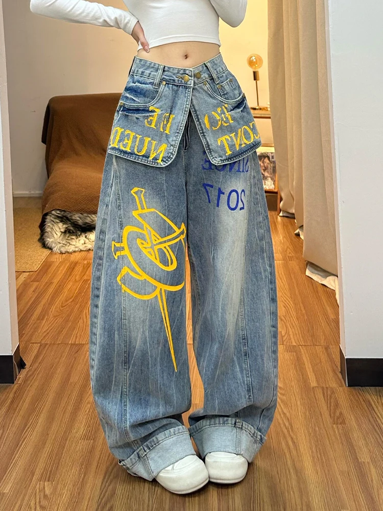 

Женские джинсы в американском ретро-стиле с высокой талией и широкими штанинами, с принтованными карманами, повседневные, удобные, из неэластичного денима, в стиле Spicy Girl