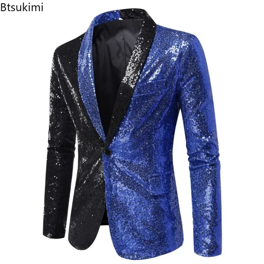 2025 Blazer da smoking con paillettes patchwork da uomo Elegante scialle lucido con risvolto Giacca con un bottone Giacca da uomo Disco Party