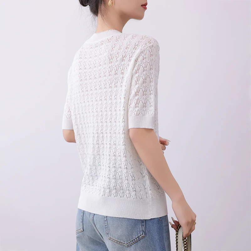 Summer Women's Lyocell T-shirt Casual Solid Color Knitted Short Sleeve POLO Collar Hollow Tees Loose Tops Designer Fashion Trend