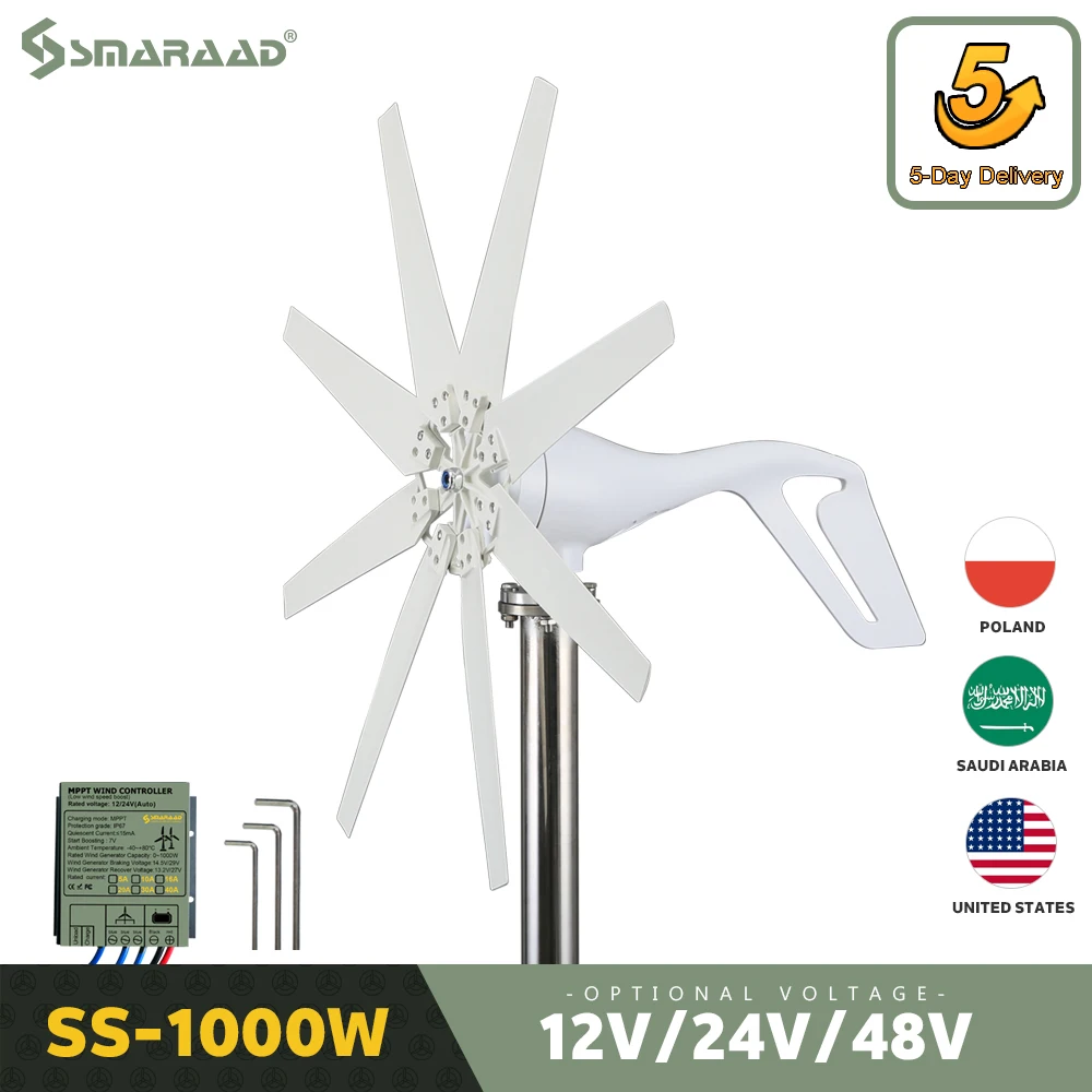 Free Energy Windmill With MPPT Controller 1000W Horizontal Wind Generator 12V 24V 48V Domestic Marine