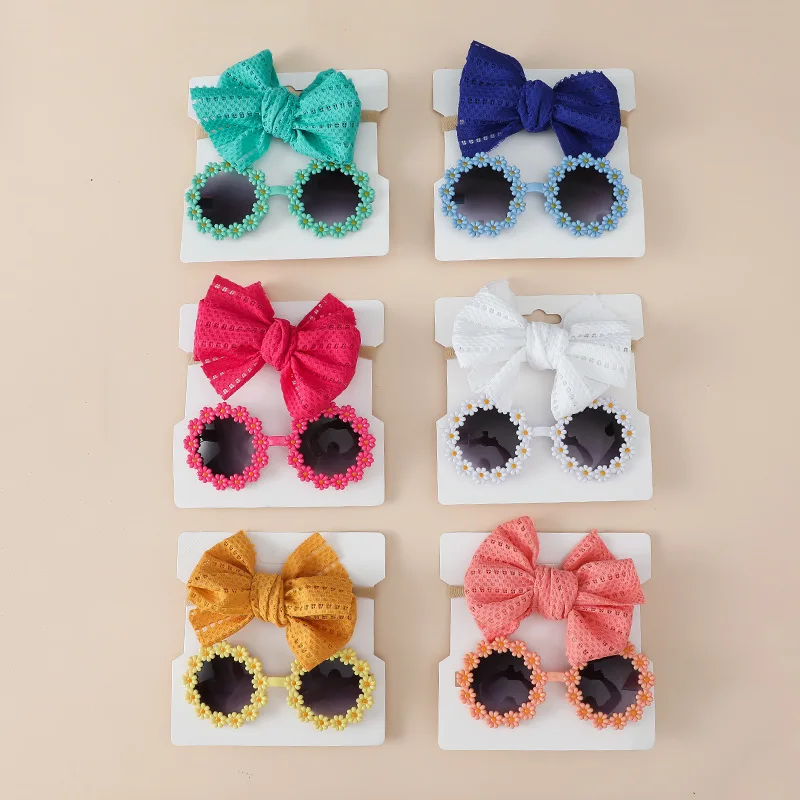

2pcs Girls Headband Sunglasses Set Hollow Bow Nylon Hairband Flowers Frame Outdoor Sunglasses Kids Hair Accessories
