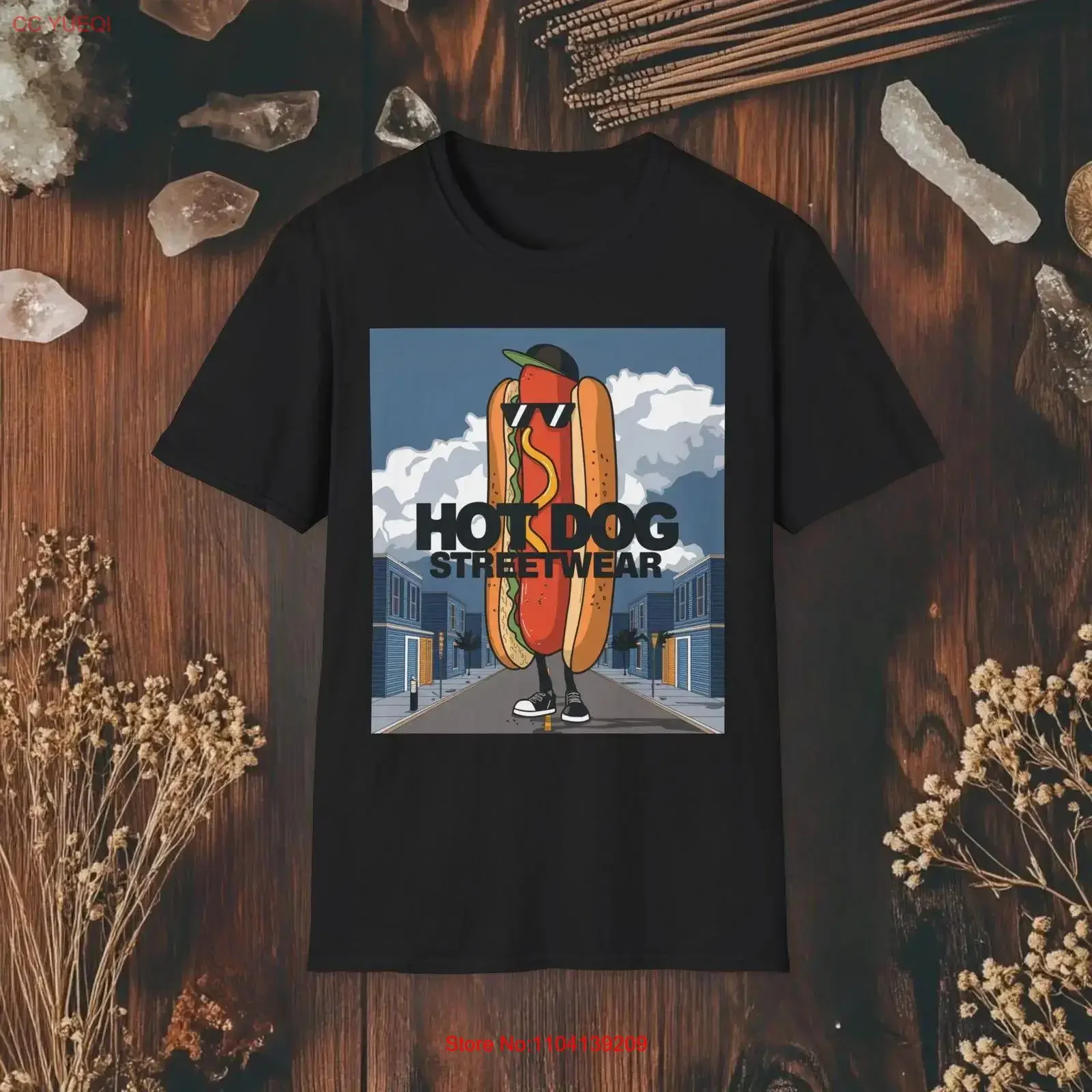 Urban Hot Dog Swagger T Shirt Streetwear Cartoon MascoT Cityscape Fast Food vintage Washed Top For Everyday Wear Slightly