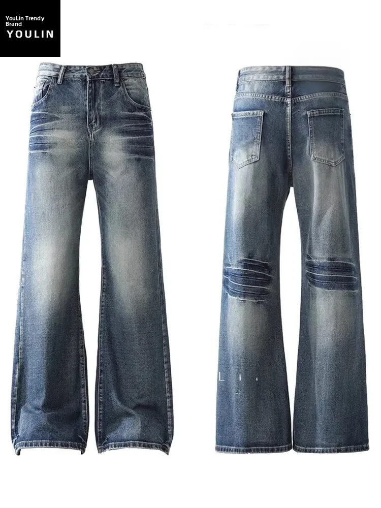 

High Waist Straight Leg Jeans Men's American High Street Washed Loose Fit Long Trousers Youth Trendy Spring Autumn