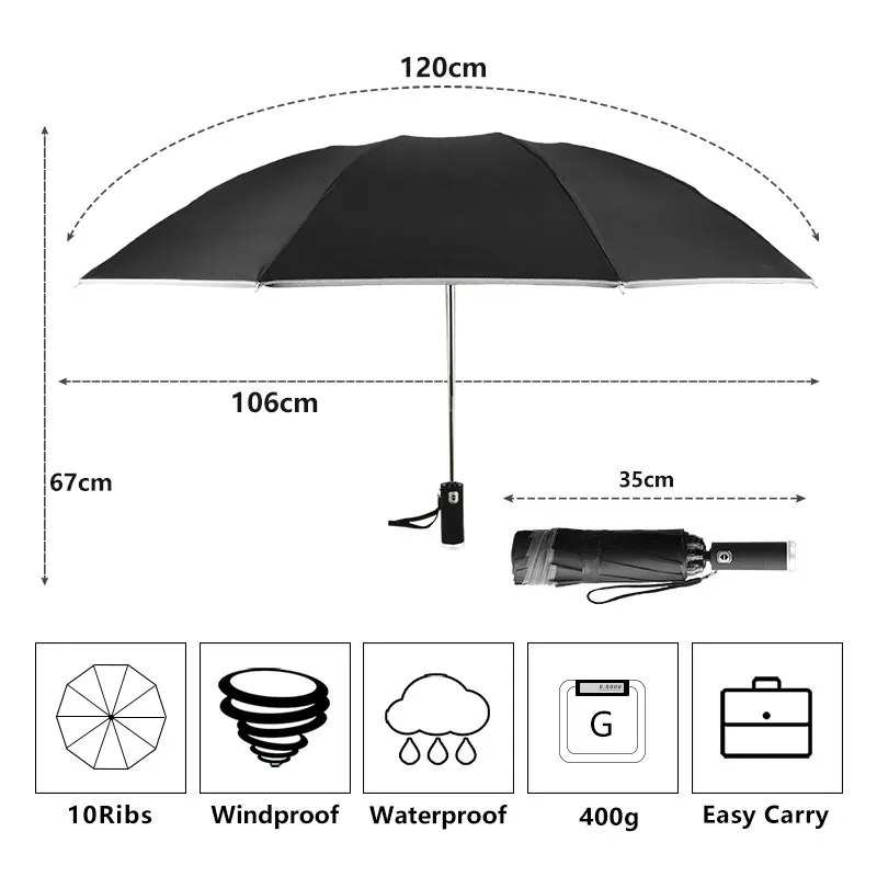 Windproof Automatic Umbrella With LED Flashlight Reflective Stripe Reverse Light Umbrellas Rain Men Women Large Folding Parasol