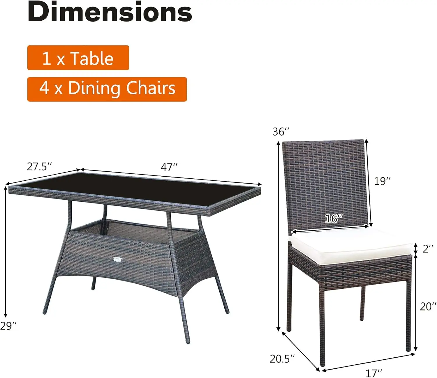 5PCS Patio Rattan Wicker Conversation Set,Outdoor Dining Table & Chairs w/Tempered Glass Table Top & Padded Cushions for Balcony