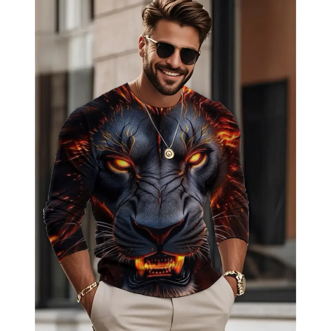 

Men's long sleeved T-shirt 3D Animal Pattern printed Comfortable tops Autumn winter Round neck T-shirt Casual y2k men's clothing