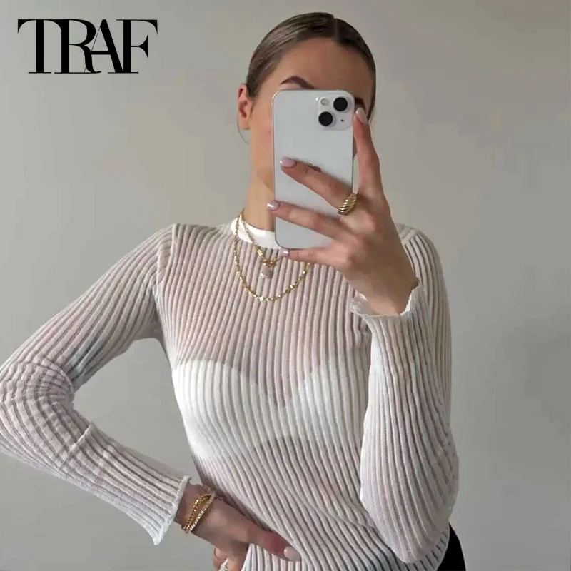 

TRAF прозрачный приталенный свитер, топы 2024, женские весенние сексуальные элегантные вязаные пуловеры, модные повседневные белые, черные трикотажные топы