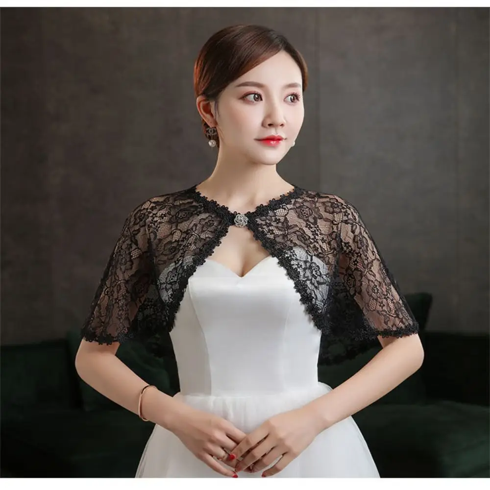 Women Bride Lace Tulle Evening Prom Cape Solid Color Soft Elegant Formal Sheer Cape  Wedding Cosplay Shawl