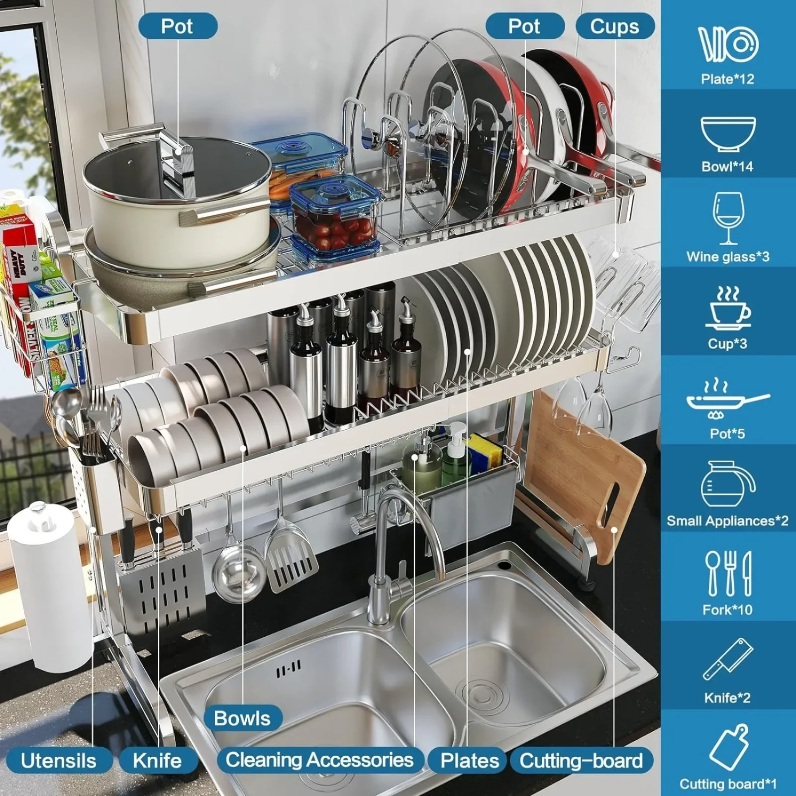 US Over The Sink Dish Drying Rack, 3-Tier Drying Drainer Rack Over Sink Stainless Steel Adjustable (29.1''~37.4'') Pans Rack