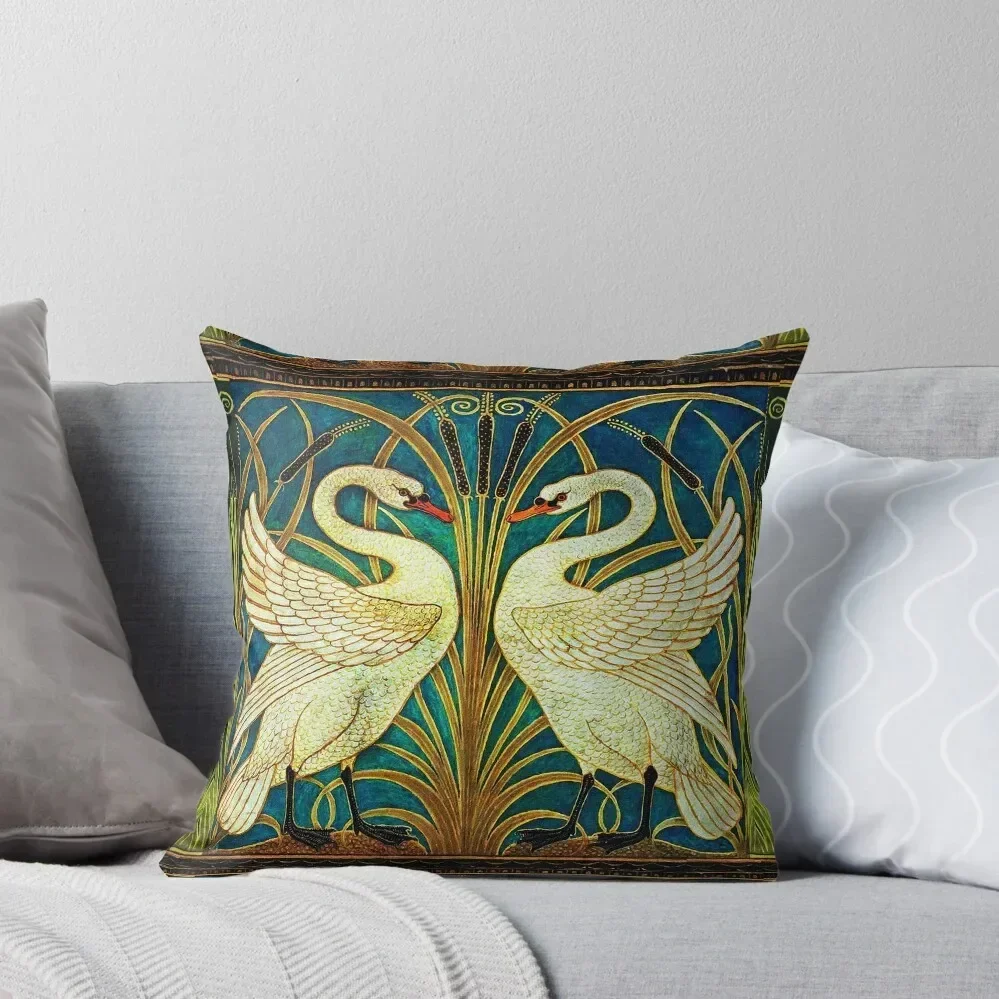 

TWO WHITE SWANS AMONG REEDS IN BLUE Art Nouveau Animals Throw Pillow luxury decor pillow cover christmas pillow