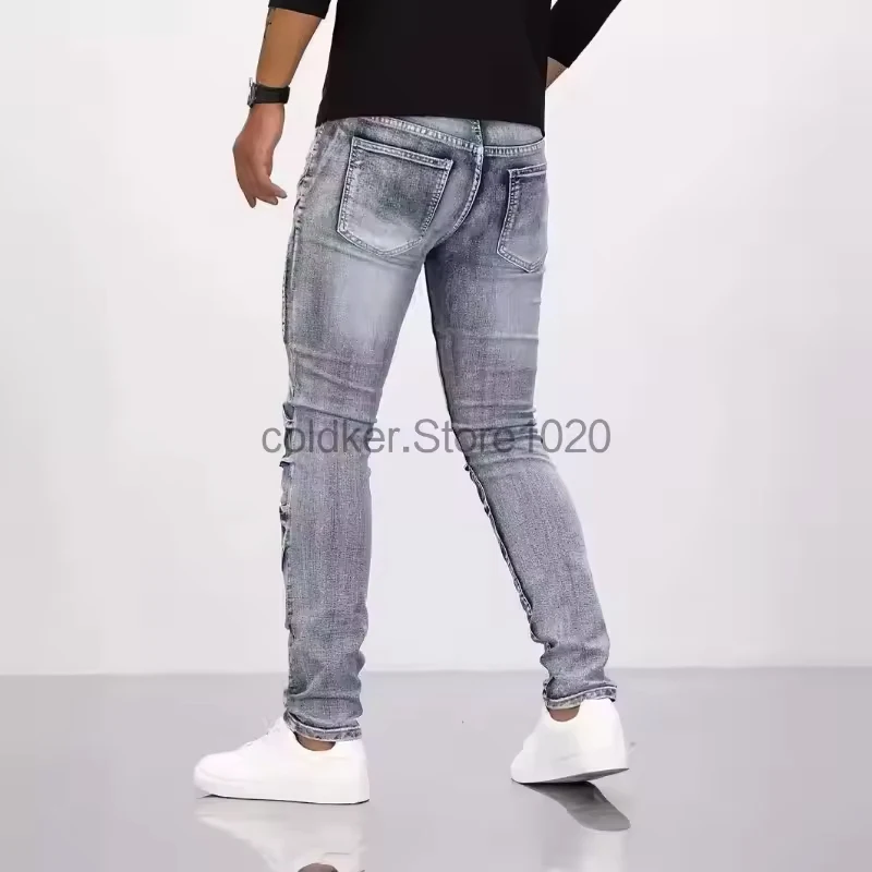 남성용 투톤 디스트레스드 패치워크 바지, 미드 웨이스트 슬림 스트레이트 레그 팬츠, 남성 조거, 신상 패션, 여름