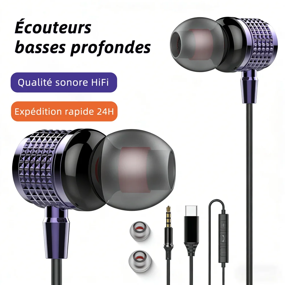 Écouteurs intra-auriculaires USB Type C, basses lourdes en métal, réduction du bruit, filaires de 3.5mm, avec micro, pour Samsung Galaxy iPhone