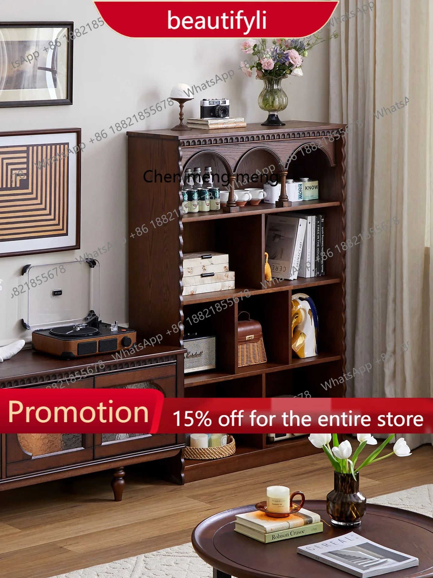 

Q181 Retro bookcase shelf living room solid wood French display cabinet floor to wall antique locker