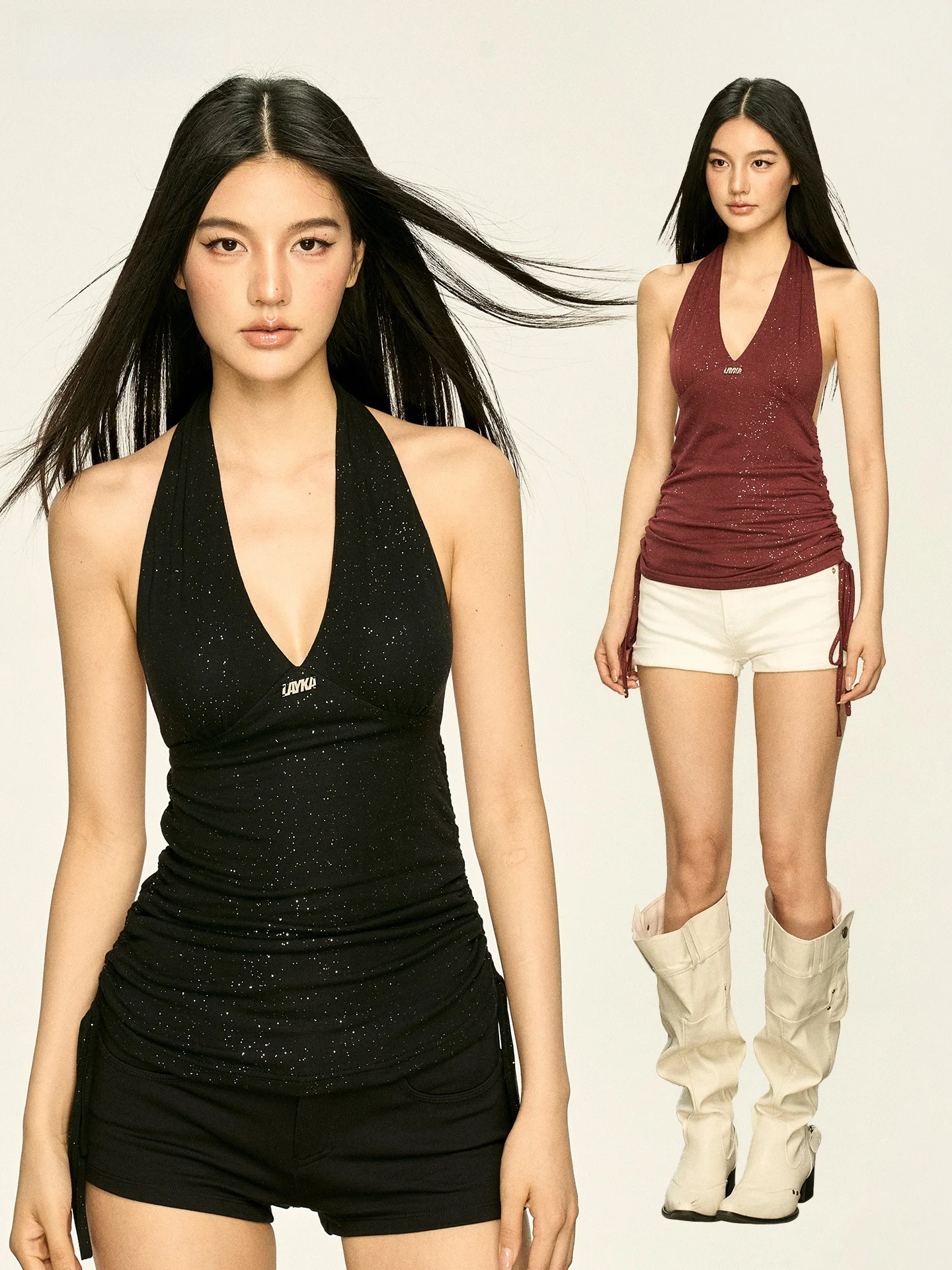 Aaisup Women's Ruched Backless V-neck Strap Vest Summer Sexy Folded Waist Design Fashionable Trendy Short Length Casual Top