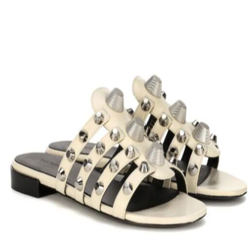 Punk Women Beige Black Dark Blue Red Leather Gold Metal Rivet Open Toe Casual Flat Slippers Ladies Hollow Slide Sandals Shoes