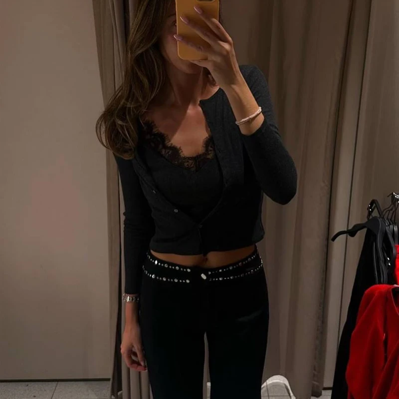 

bb Lace Cropped Jacket Women Tops Vintage Knit Demi-season Jackets for Women Button up Women's Coats Office Knitted Cardigan