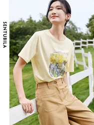 SENTUBILA 100% Cotton Art Print T Shirt for Women 2024 Casual Straight Summer Tops Short Sleeve Womens Basic Tee Shirt 132T47969