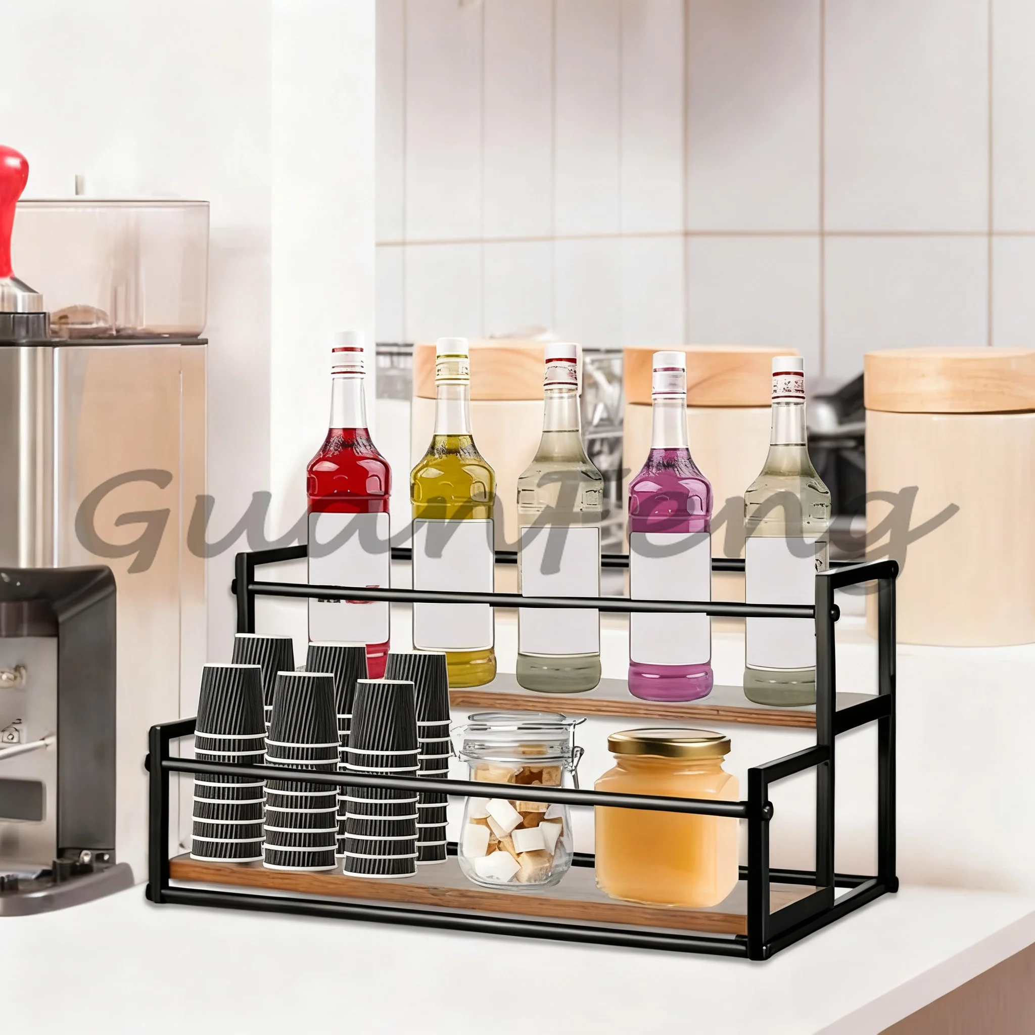 2-Tier Coffee Syrup Bottle Holder Spice Rack Countertop Seasoning Organizer Wine Display Rack for Bar Kitchen