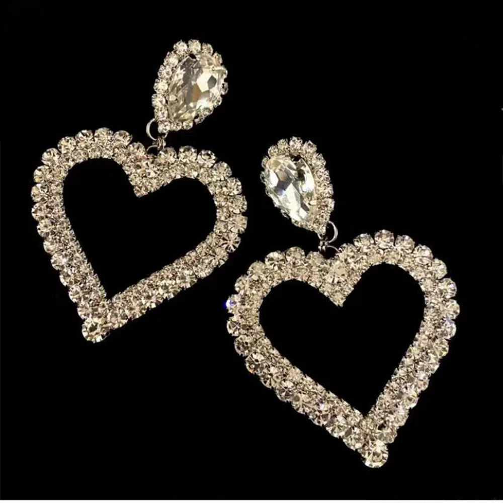 Dazzling Crystal Geometric Oversize Heart Dangle Earrings for Women Statement Jewelry Rhinestone Heart Pendant Drop Earrings