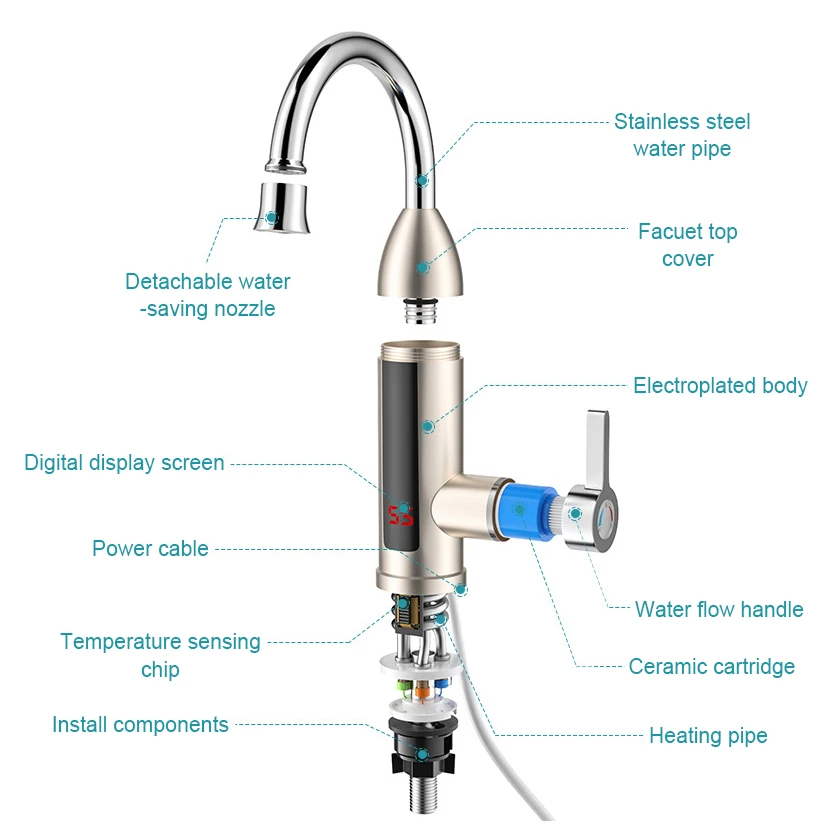 DMWD Electric Kitchen Instant Heating Faucet Heater Hot Cold Dual-use Tankless Water Quickly Heating Tap Shower With LED Display