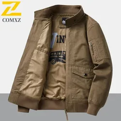 Mens Cotton Jacket 2025 Spring Autumn Solid Color Casual Loose Multi-pocket Outdoor Travel Stand Collar Moto Top Men Work Coat